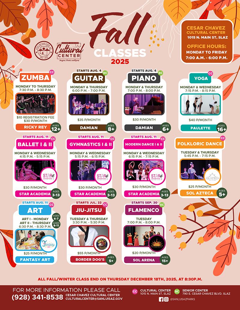 Flyer promoting fall classes at the school, featuring course details and registration information.